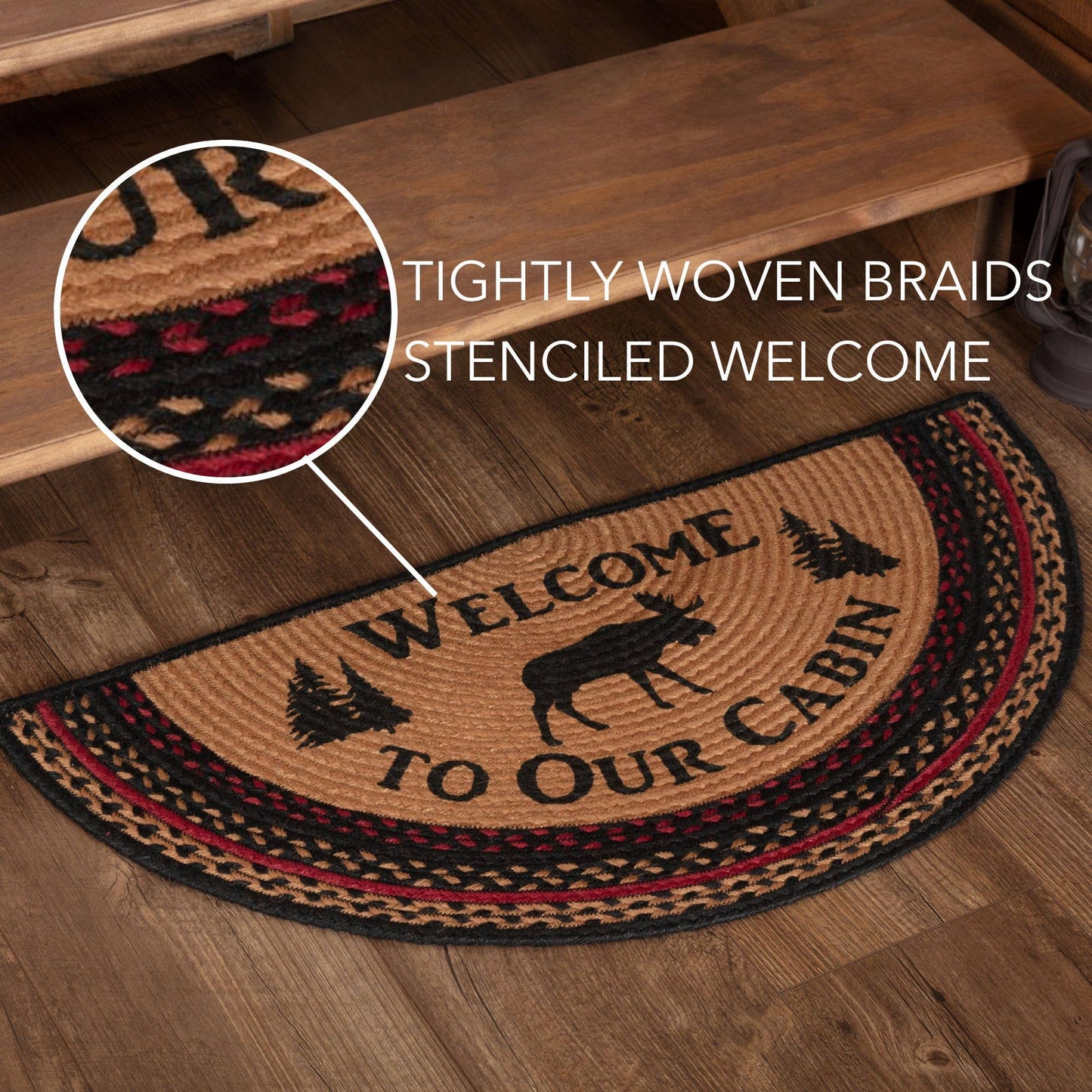 Cumberland Stenciled Moose Jute Rug Half Circle Welcome to the Cabin 16.5x33