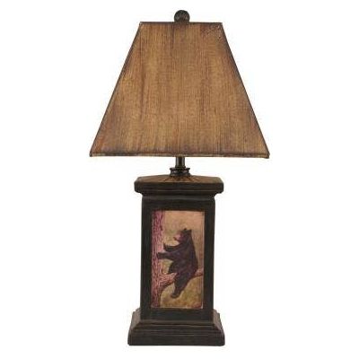 Distressed Black Square Bear In Tree Scene Table Lamp
