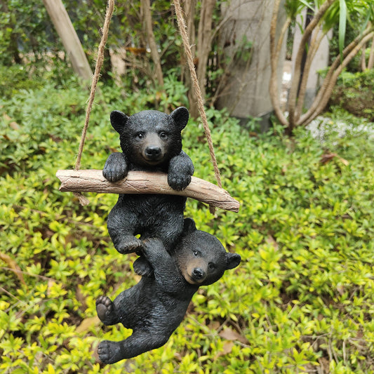 Hanging Bear Cubs Playful Black Polyresin Figurine