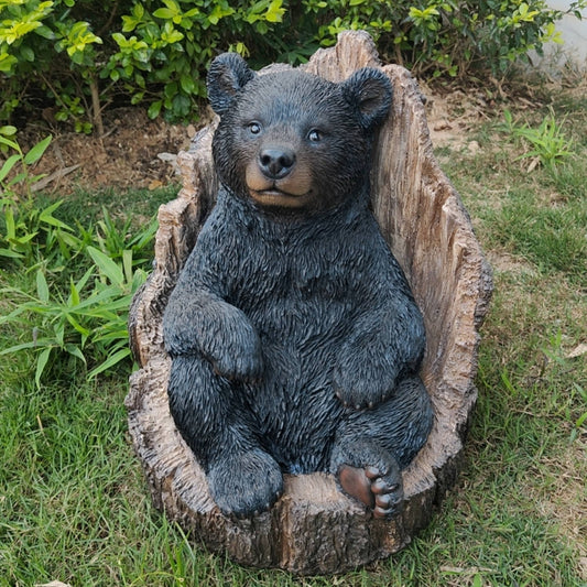 Black Polyresin Bear in Stump Figurine