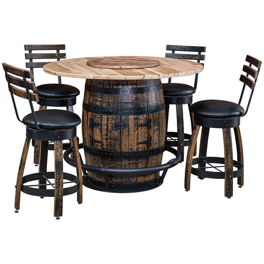 Barrel Table Set with built in Lazy Susan and 3 Whiskey Barrel Swivel Stools