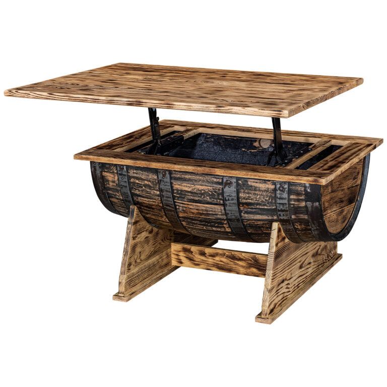 Whiskey Barrel Coffee Table - Built in rising snack tray