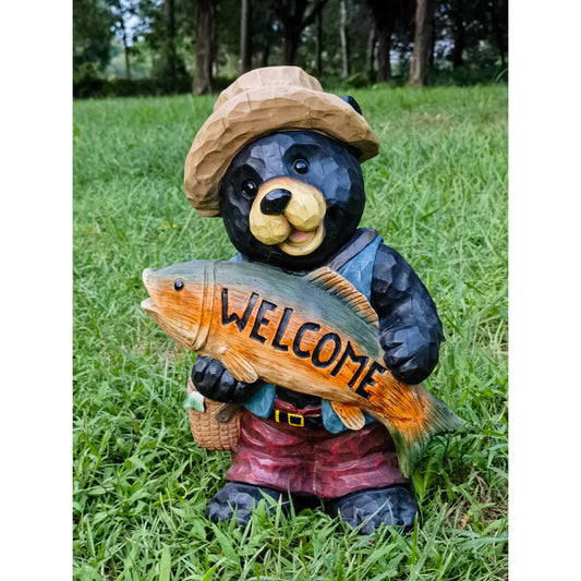 Bear with Fish Welcome Sign for Garden or Home